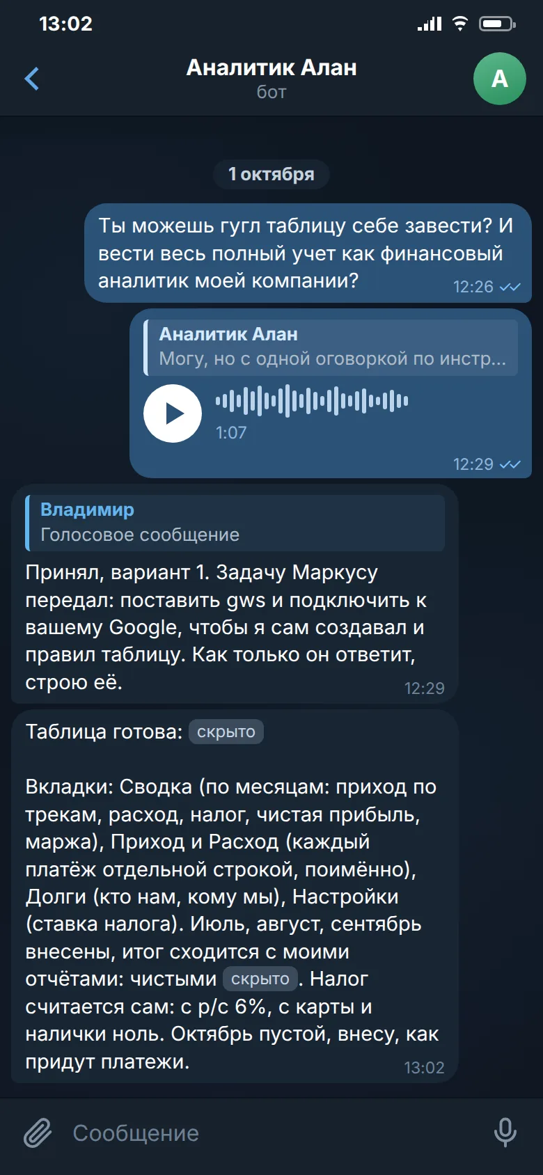 Переписка с агентом-аналитиком: владелец просит вести финансовый учёт, агент ставит задачу кодеру и присылает готовую таблицу